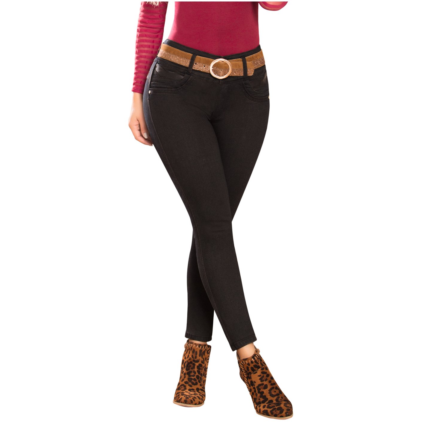 DRAXY 1335 Colombian Mid Rise Butt Lifter Skinny Jeans with Belt