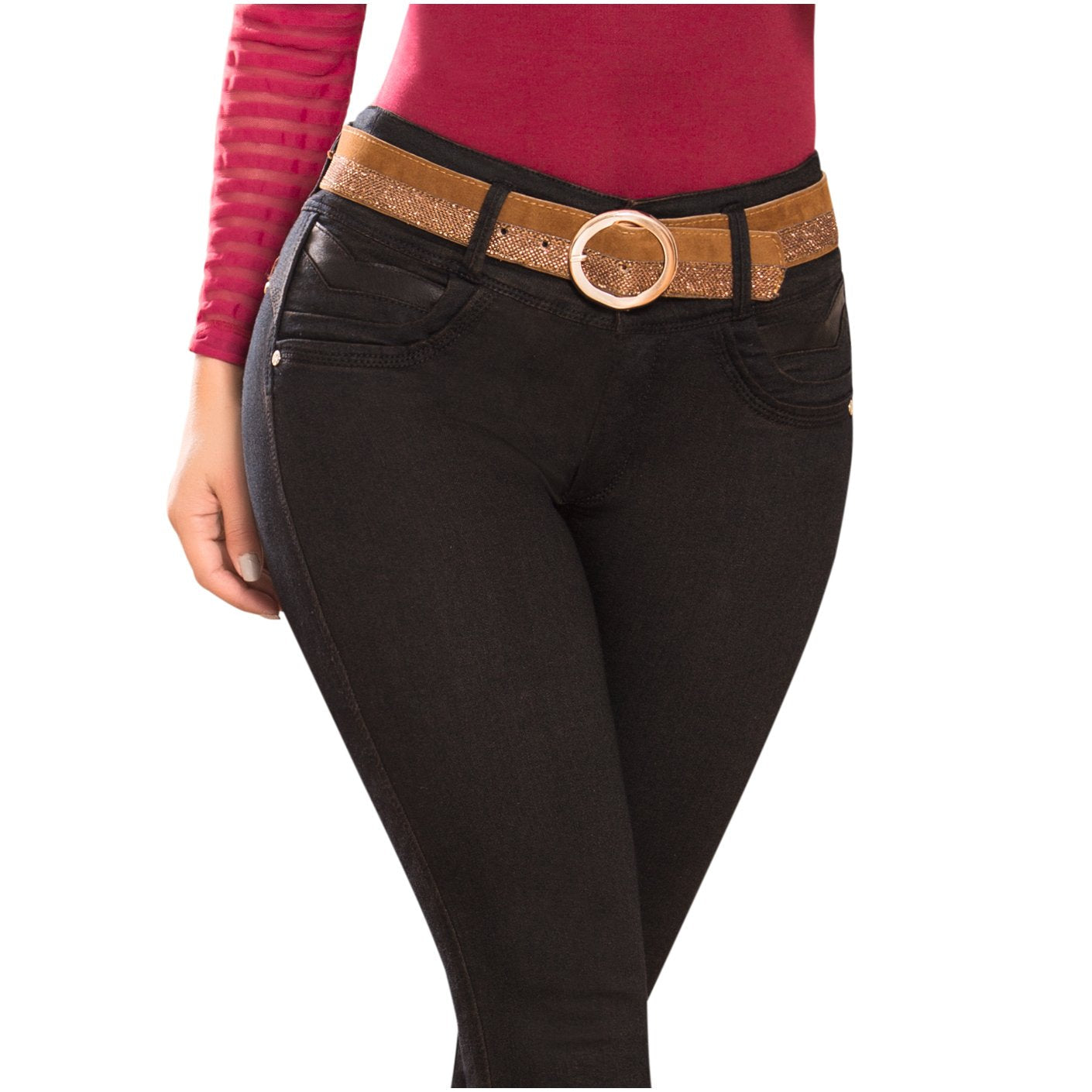 DRAXY 1335 Colombian Mid Rise Butt Lifter Skinny Jeans with Belt
