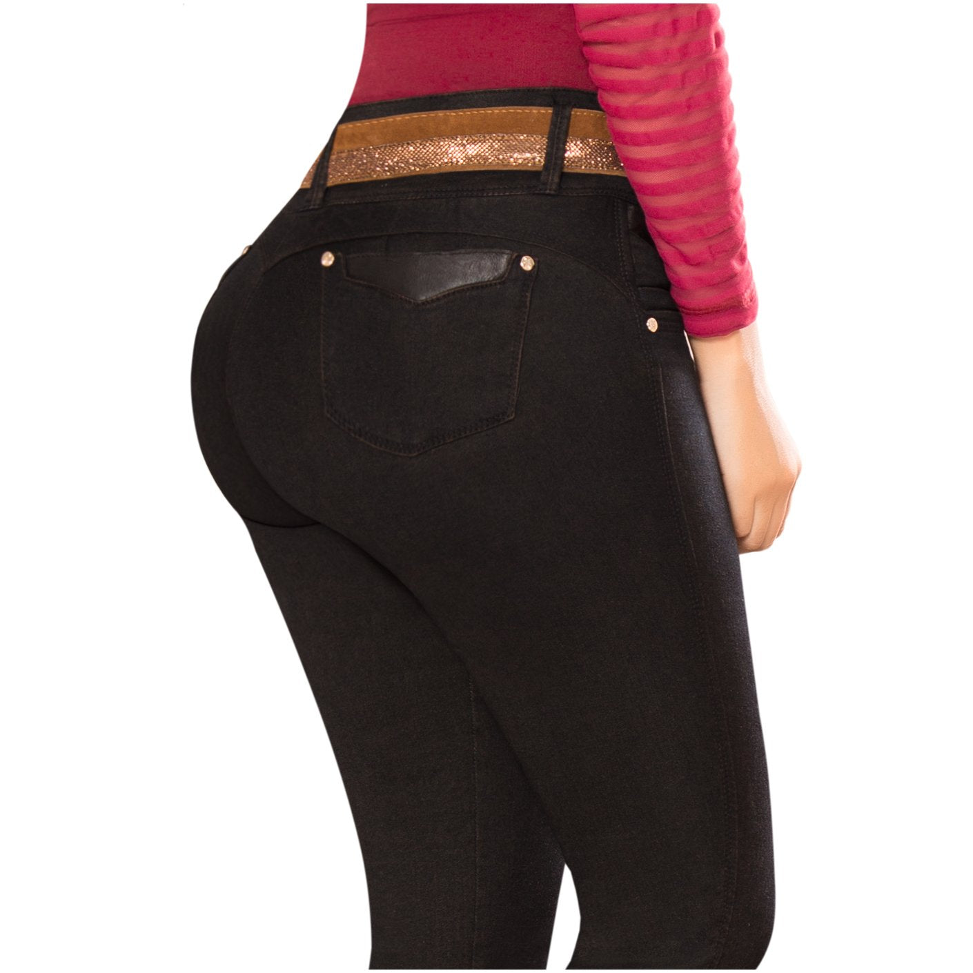 DRAXY 1335 Colombian Mid Rise Butt Lifter Skinny Jeans with Belt