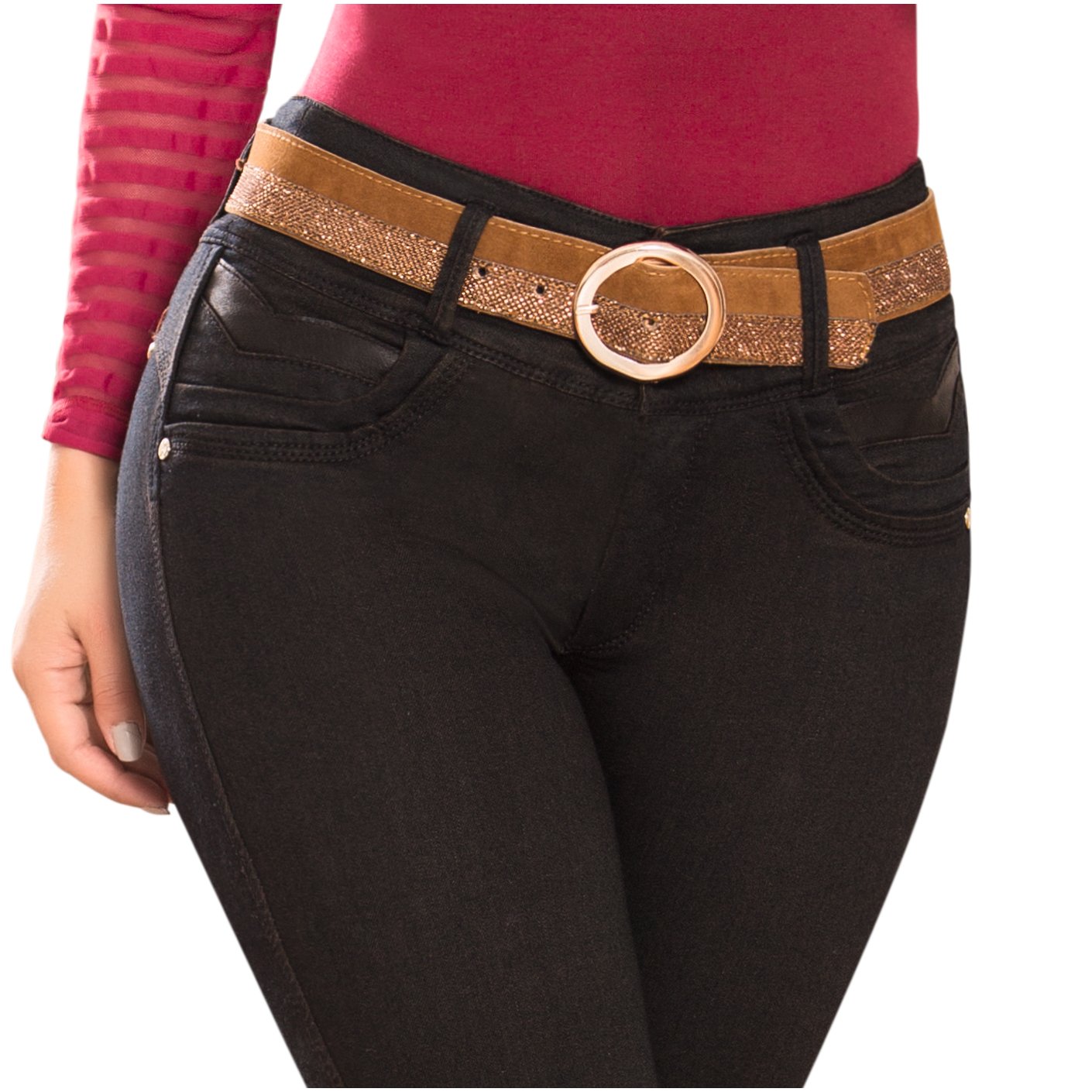 DRAXY 1335 Colombian Mid Rise Butt Lifter Skinny Jeans with Belt