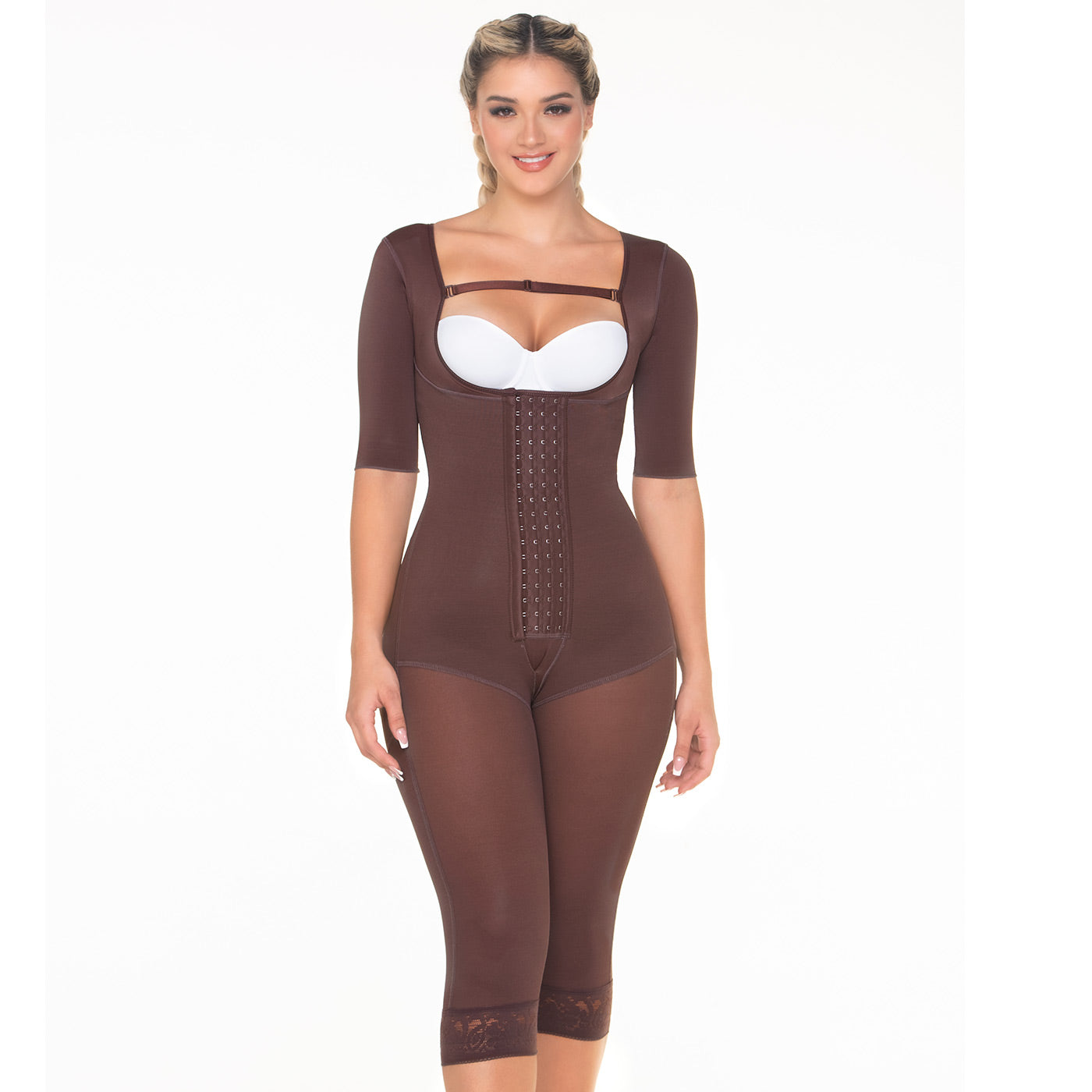 Fajas MariaE FQ114 | Post Surgery Colombian Shapewear Knee Length Bodysuit | Faja Colombiana with Sleeves | Lipo Compression Girdle