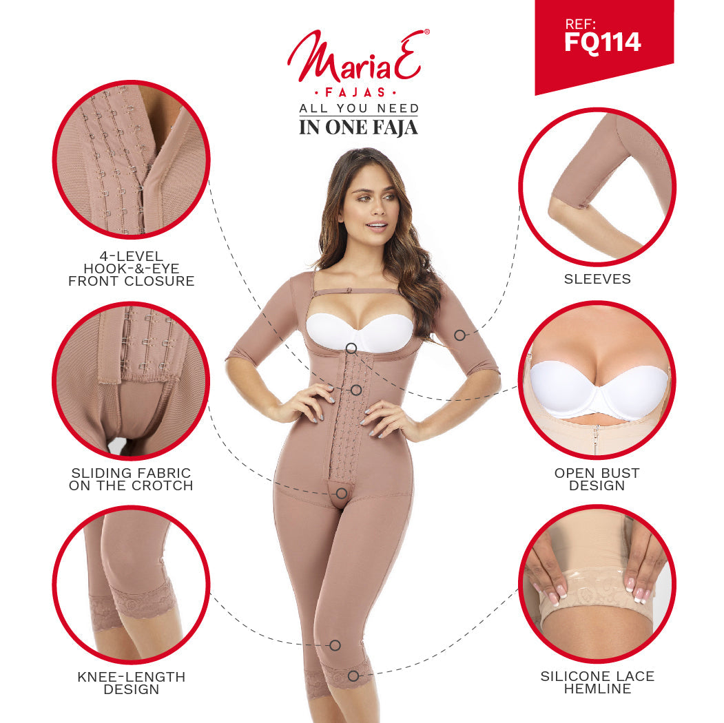 Fajas MariaE FQ114 | Post Surgery Colombian Shapewear Knee Length Bodysuit | Faja Colombiana with Sleeves | Lipo Compression Girdle