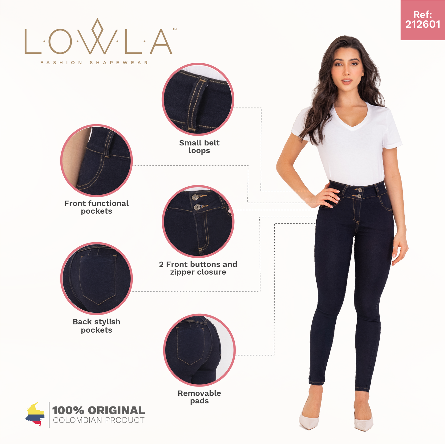 LOWLA 212601 | High Rise Butt Lift Skinny Colombian Jeans Colombianos with Removable Pads