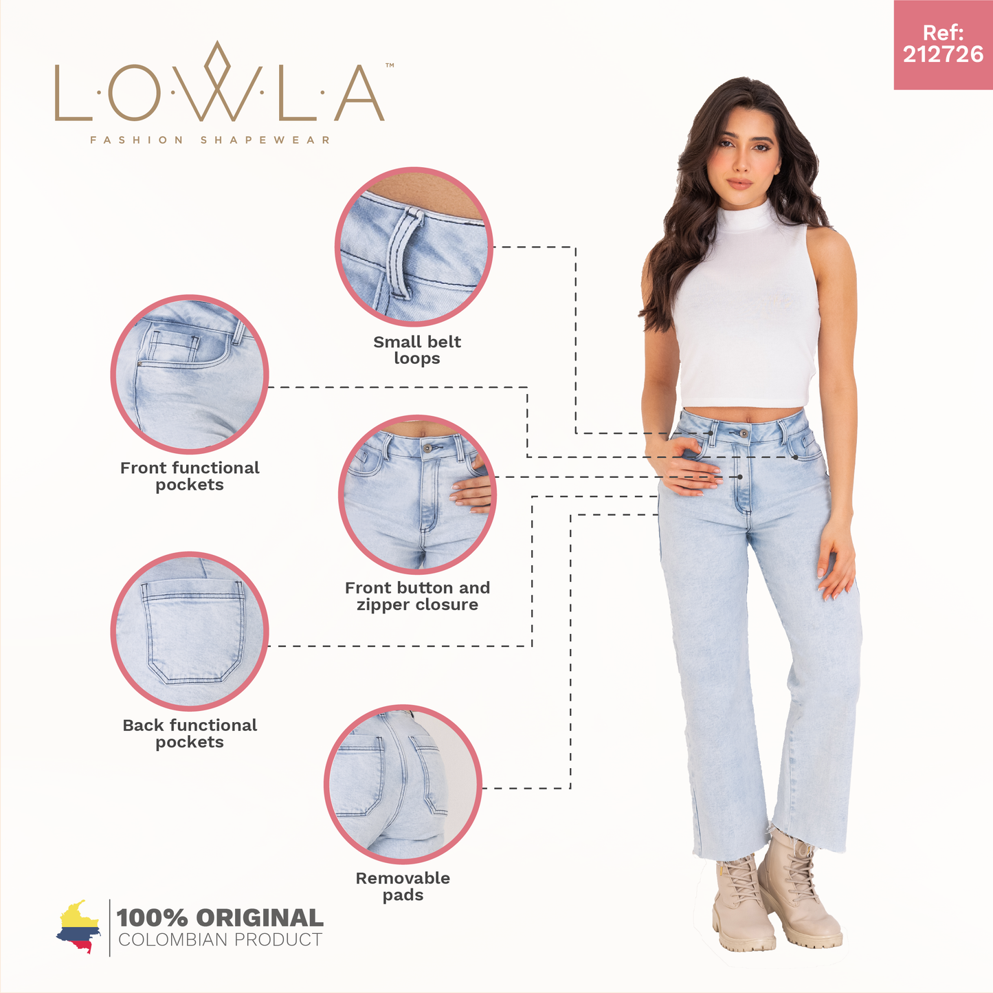 LOWLA 212726 | High Rise Wide Leg Bootcut Colombian Jeans with Removable Pads