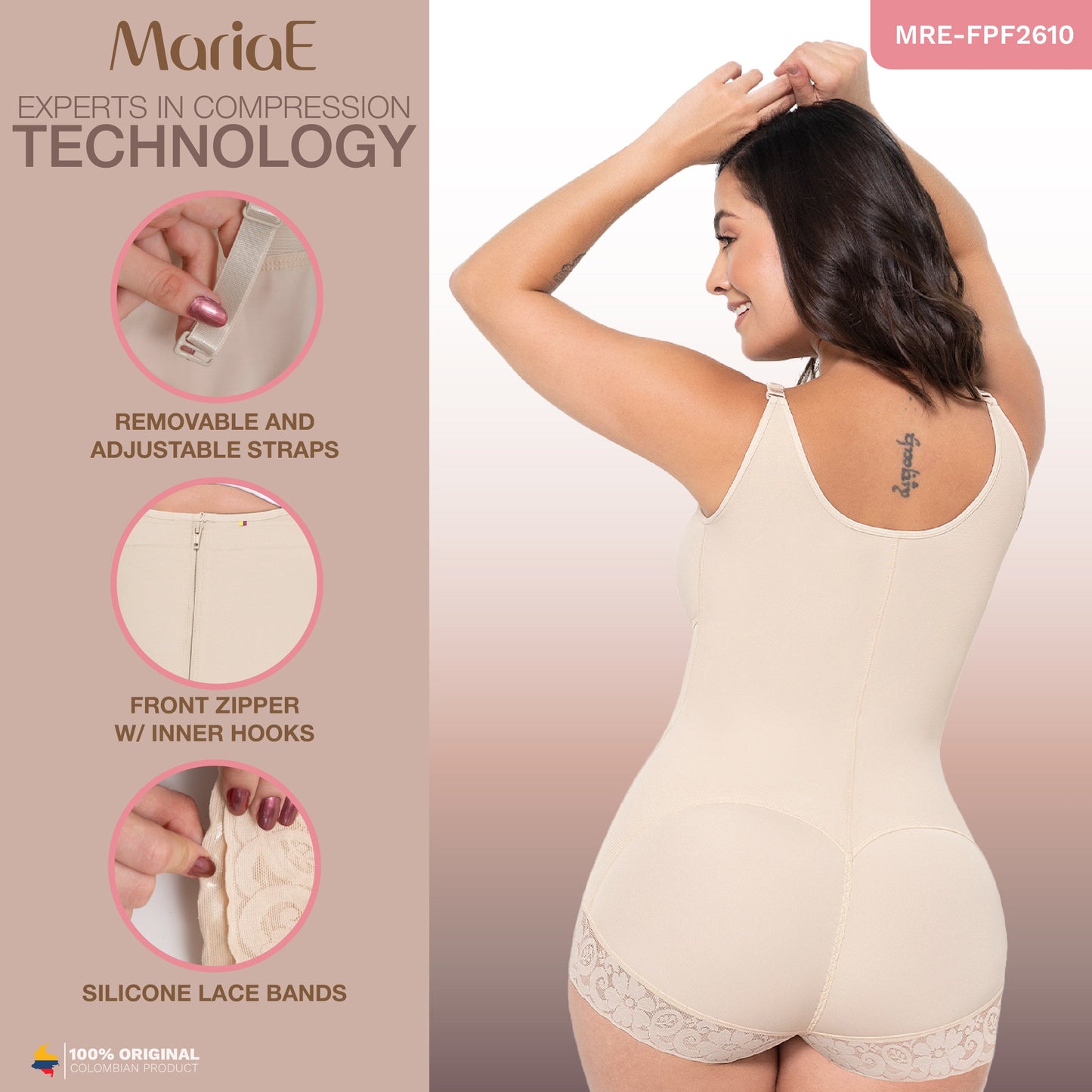 MARIAE FPF2610 Faja Colombiana Pospartum & Daily Use Hiphugger Shapewear Bodysuit with Built-Bra