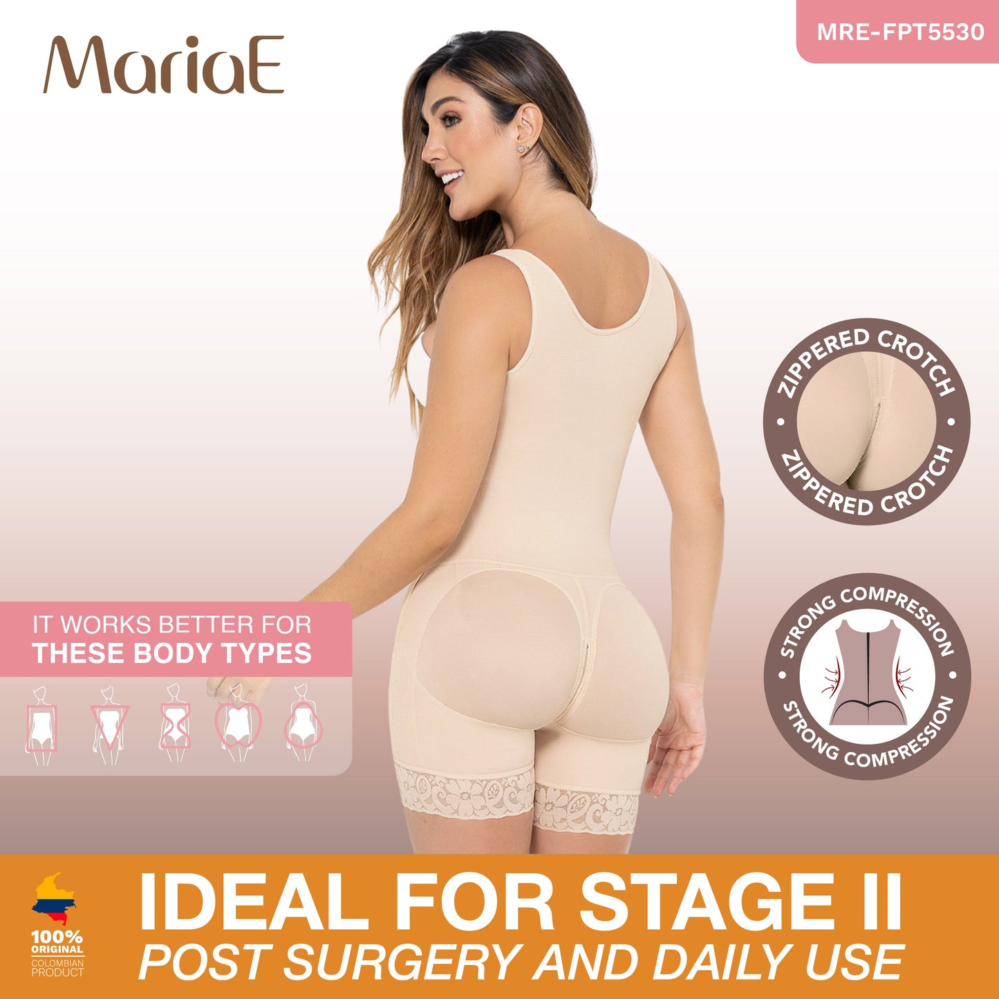 MARIAE FPT5530 Stage 2 Faja Colombiana Post Surgery High Compression Garment Mid Thigh & Open Bust w/ Wide Straps | FQ105