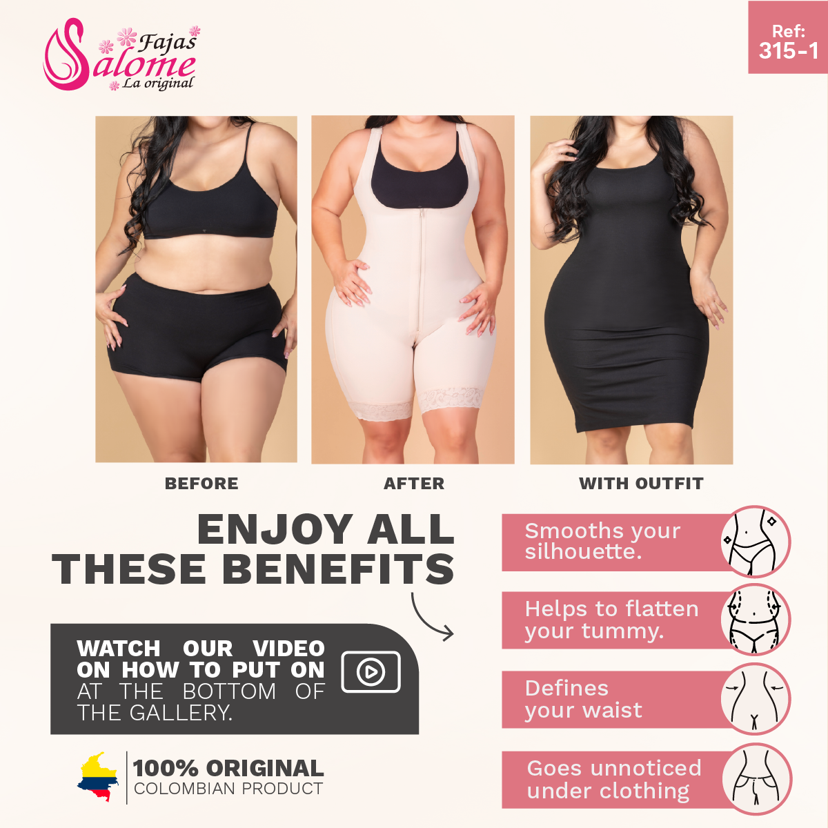 Salome 315-1-CCB | Tummy Control Waist Trainer Fajas Colombianas with Hooks