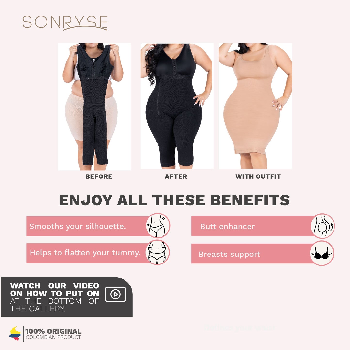 Fajas Sonryse 014ZL | Colombian Shapewear Knee Length | Body Shaper Built-in bra & High Back | Daily Use Girdle