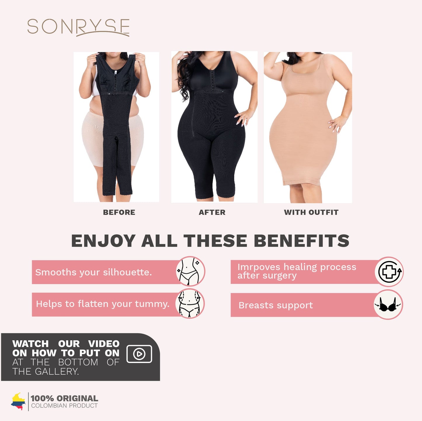 Fajas Sonryse 054BF | Tummy Control Compression Girdle Colombian Full Body Shaper with Built-in Bra | Post Surgery Postpartum