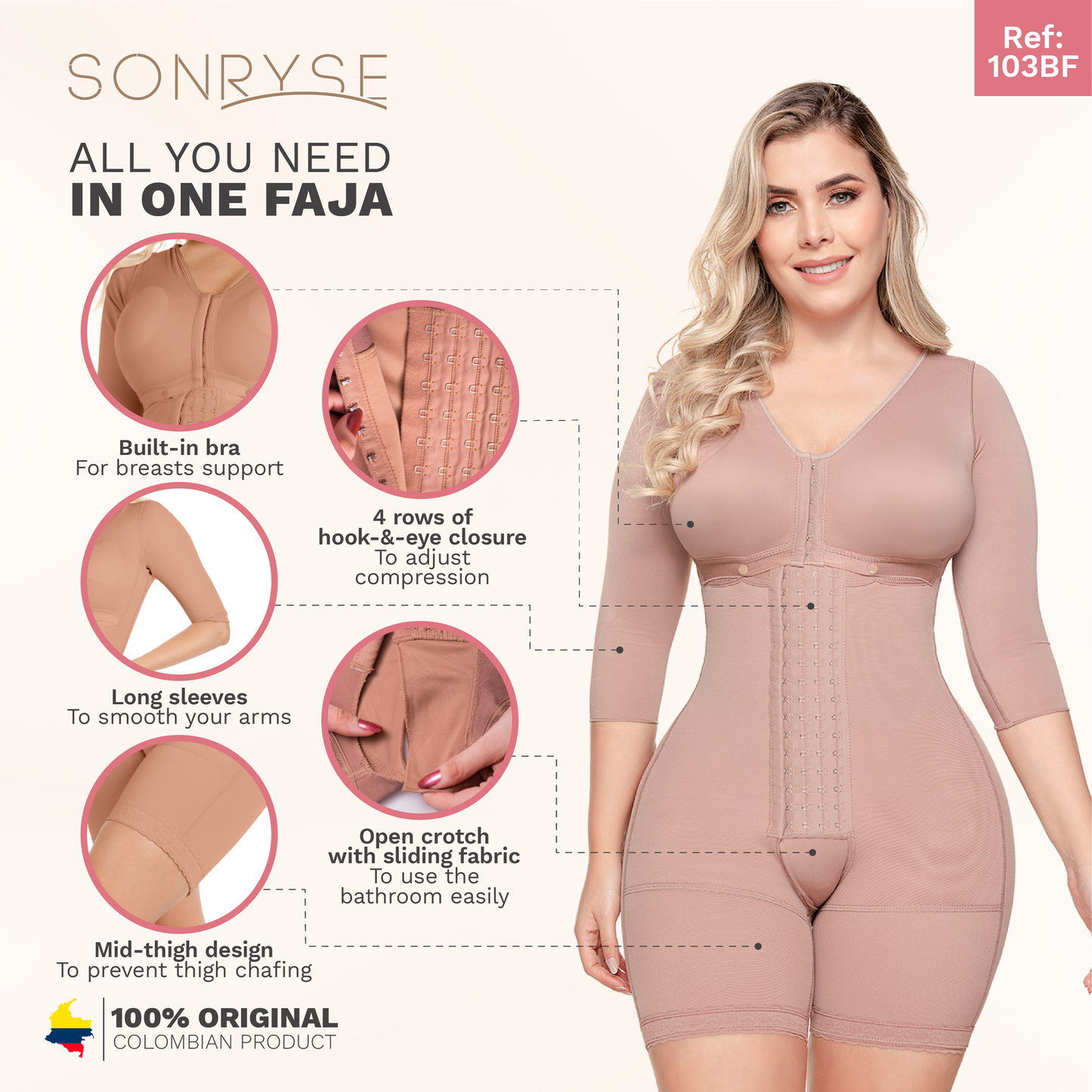 Post-Surgery BBL and Arm & Thigh Liposuction (360) Faja with sleeves High Compression & Bra Support Sonryse 103BF