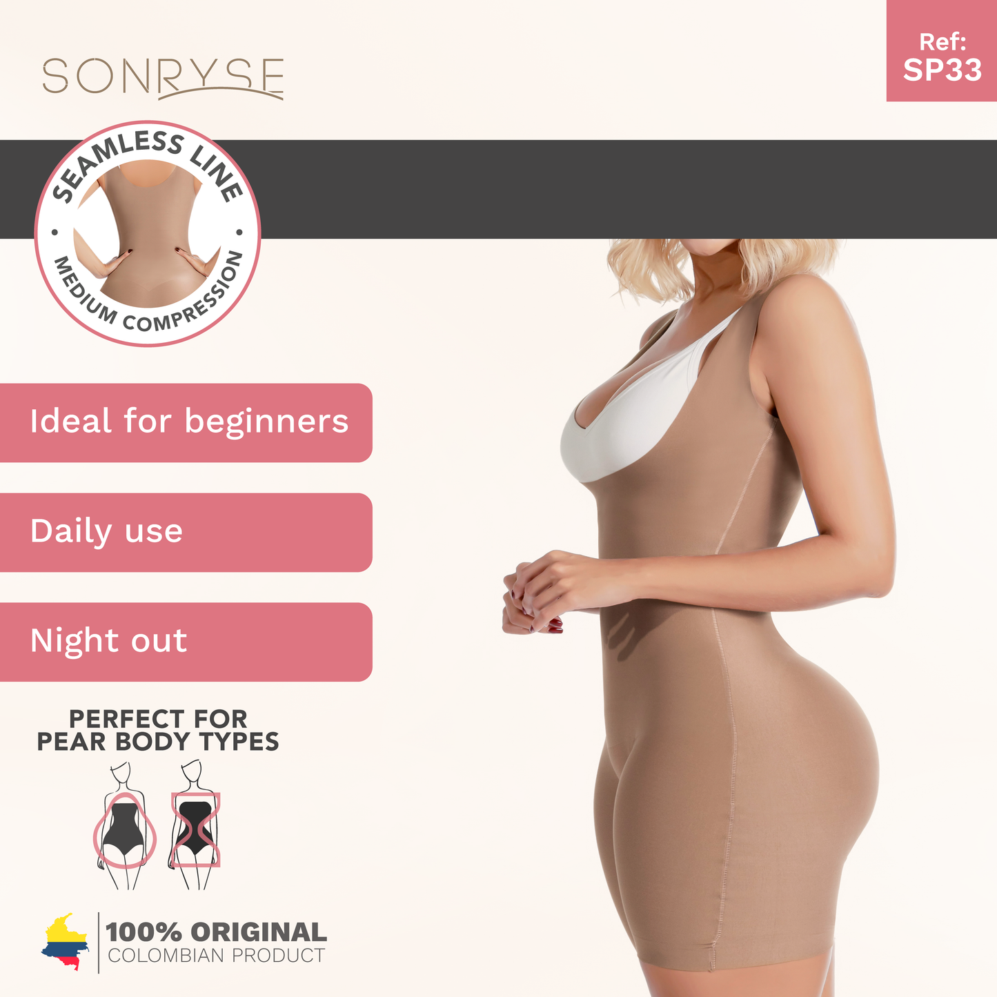 Sonryse SP33NC | Colombian Faja Bodysuit Shaper for Women | Everyday Use & Dress Nightout Girdle | Spandex
