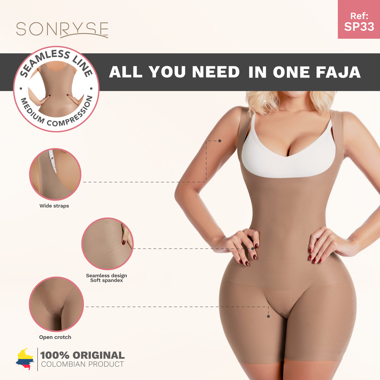 Sonryse SP33NC | Colombian Faja Bodysuit Shaper for Women | Everyday Use & Dress Nightout Girdle | Spandex