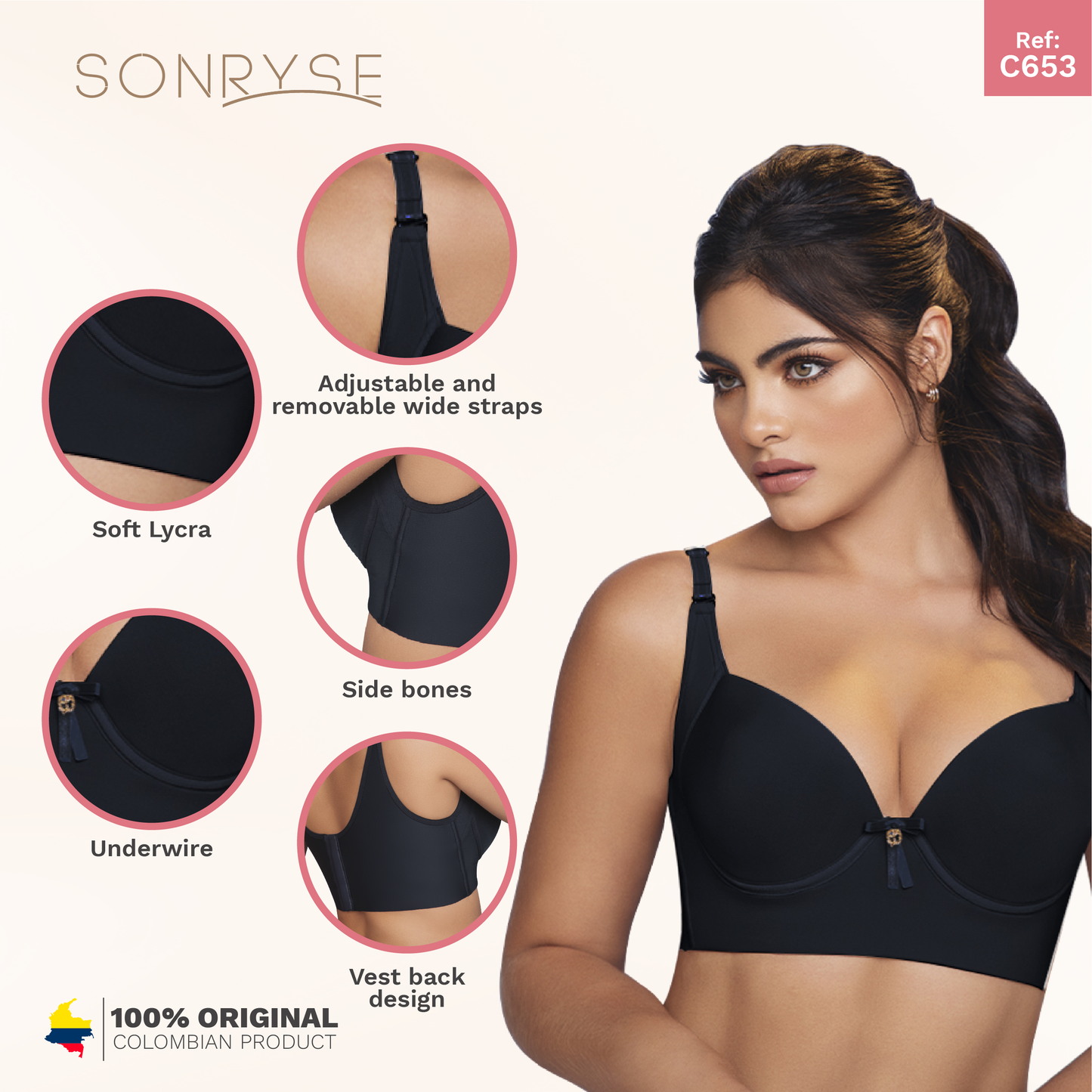 Daily Use Bra Ample coverage, Wide straps & Hoop and side bone Sonryse C653