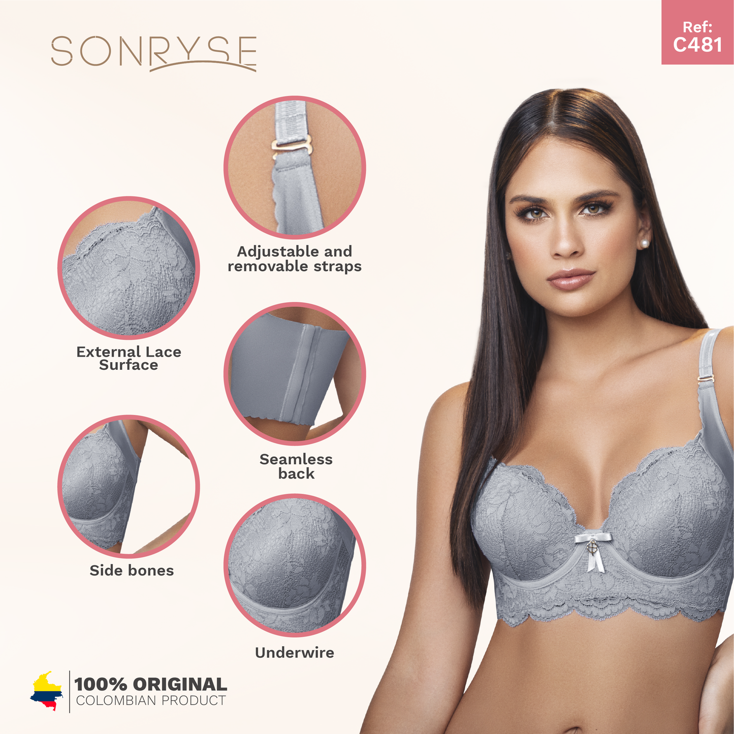 Daily Use Bra Removable strap, Breathable whole cup & Side bones back Sonryse C481