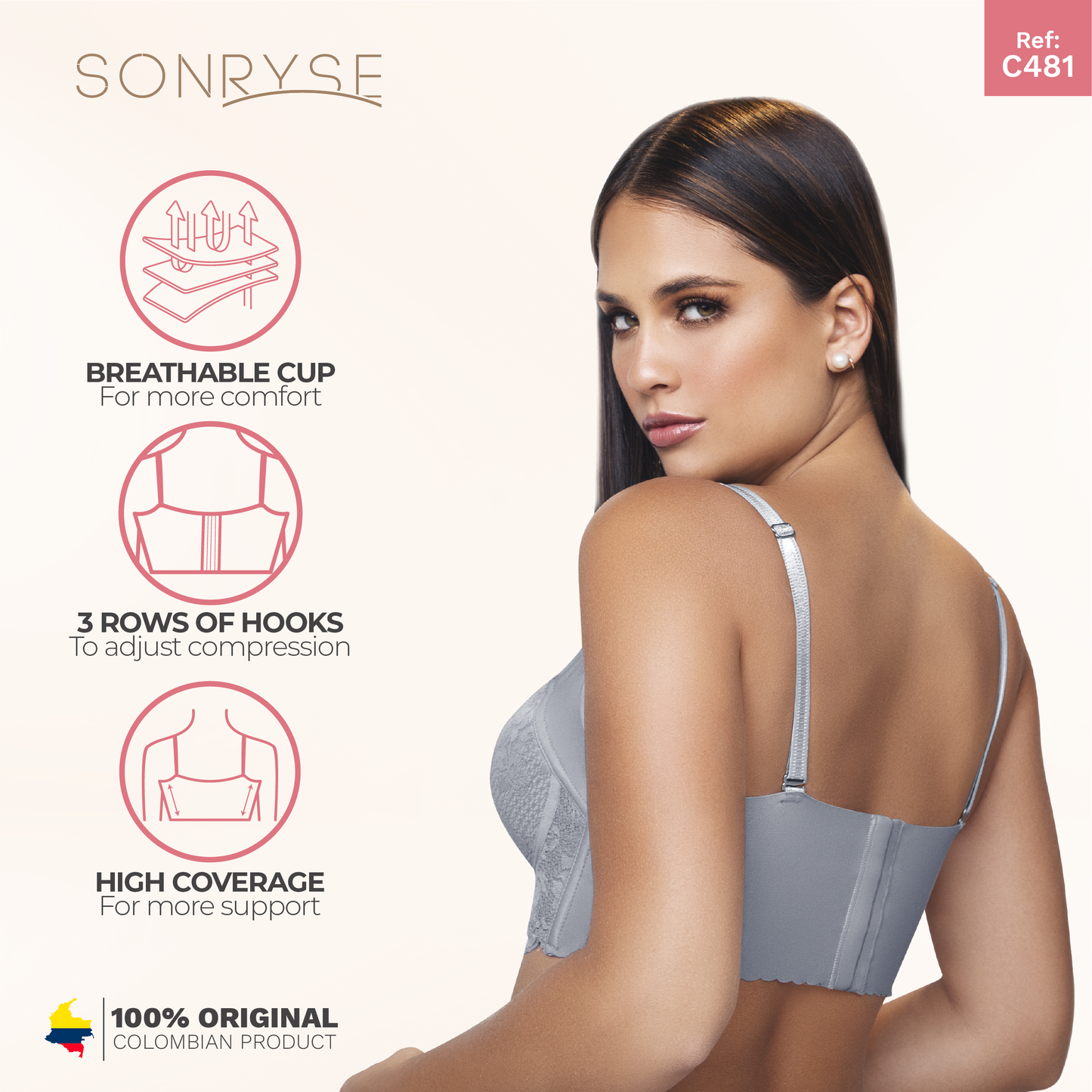 Daily Use Bra Removable strap, Breathable whole cup & Side bones back Sonryse C481