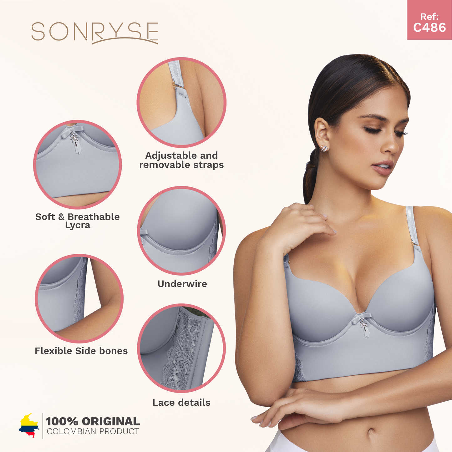 Daily Use Bra Breathable full cups, Flexible side bones &The straps are removable Sonryse C486