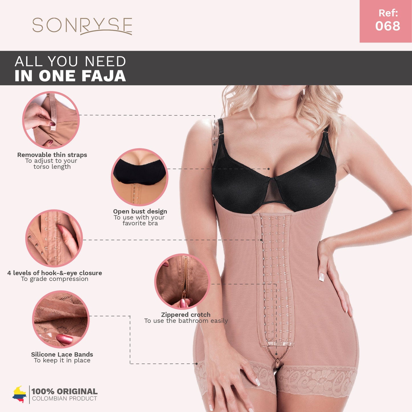 SONRYSE 068BF | Open Bust Short Shapewear Fajas Colombianas Postpartum & Post Surgery | Powernet